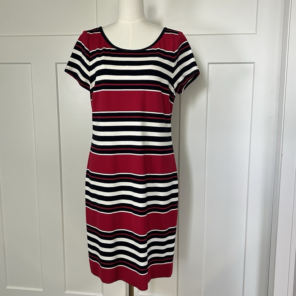 BANANA REPUBLIC Size 14 Striped Knit T-Shirt Sheath Dress - Red Black White - Picture 2 of 11